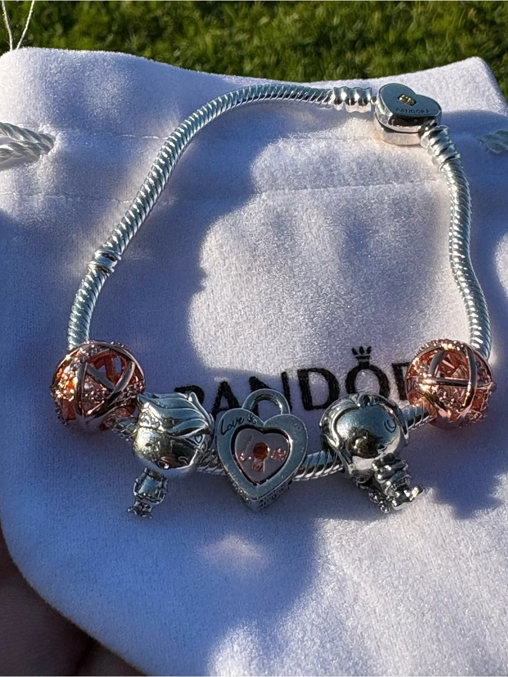 Pandora Two-Tone Heart & Rose Charm Bracelet in Pink and Silver - Picture 3 of 9